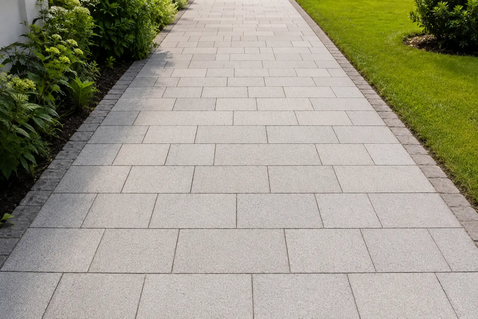Gereinigter heller Natursteinweg zwischen Rasen und Beet Gereinigter heller Natursteinweg zwischen Rasen und Beet