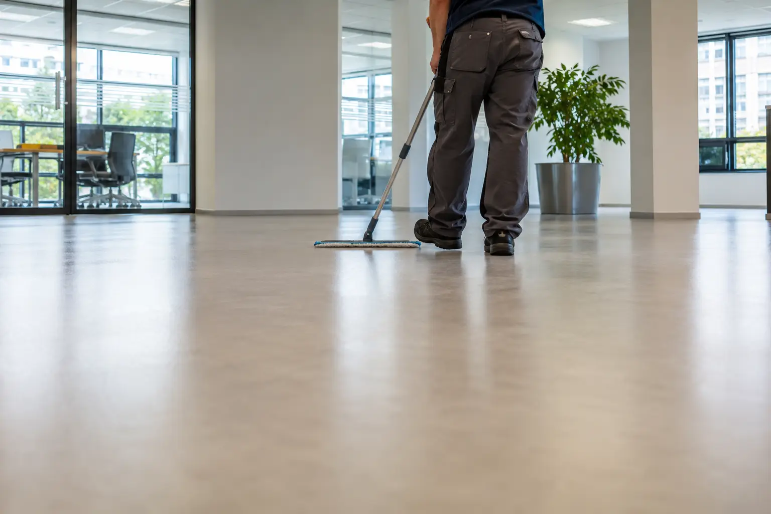 Unterhaltsreinigung: Bodenreinigung mit Wischmopp in einem hellen Büro Unterhaltsreinigung: Bodenreinigung mit Wischmopp in einem hellen Büro